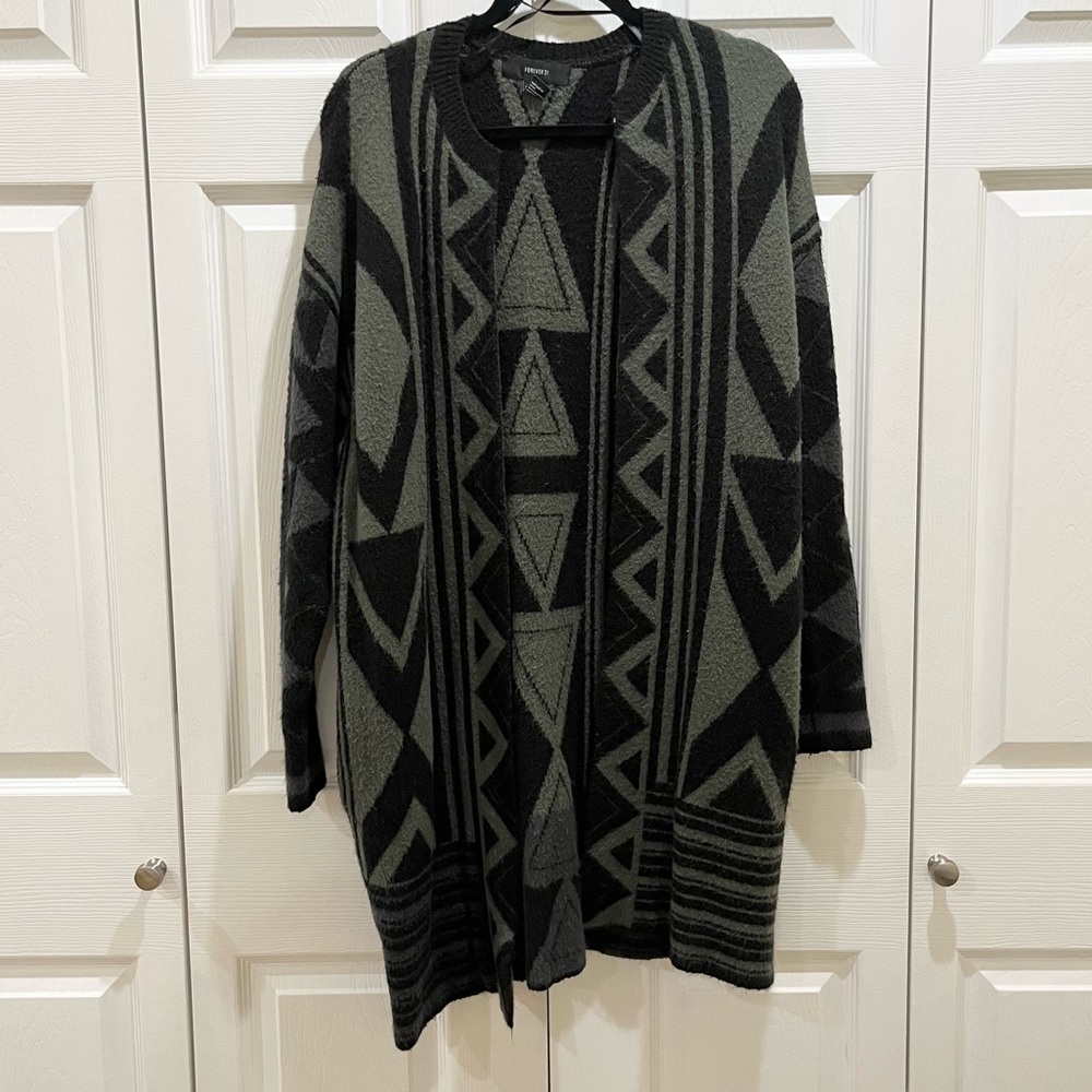 Forever 21 Geo Aztec Maxi Cardigan Sweater Green Medium